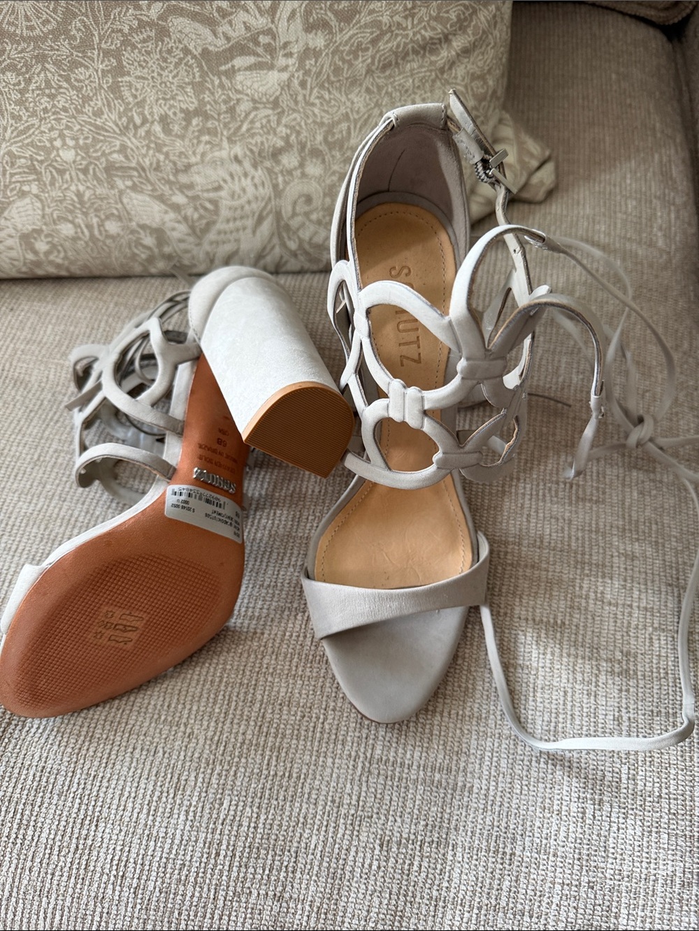 SCHUTZ White Lace-Up Strappy Block Heel Sandals